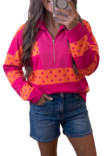 Pink Stripe Patchwork Polka Dot Accent Quarter Zip Long Sleeve Top