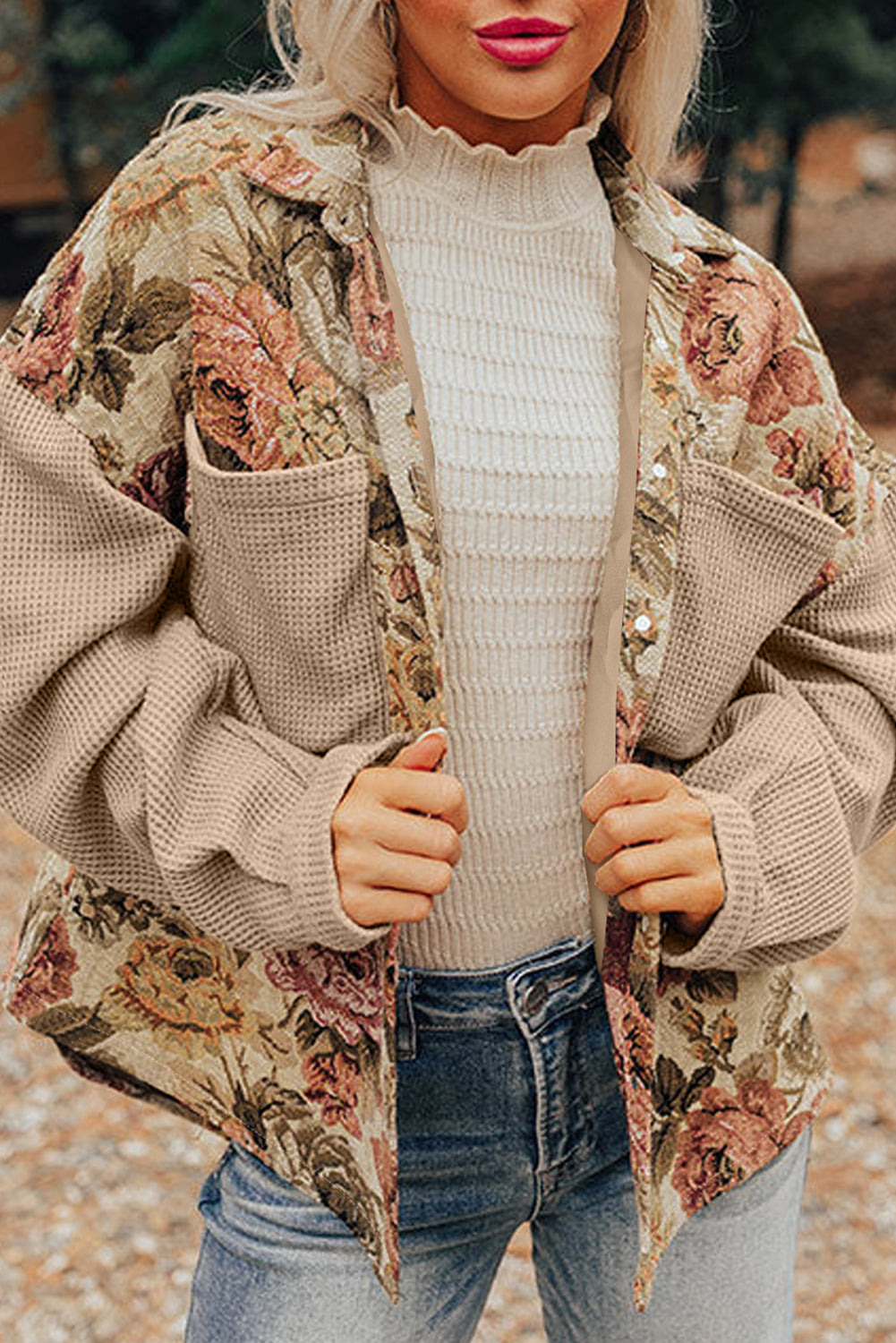 Khaki Floral Waffle Knit Patchwork Chest Pockets Buttoned Jacket