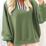 Vineyard Green Contrast Striped Patchwork Zip Collar Pullover Sweatshirt