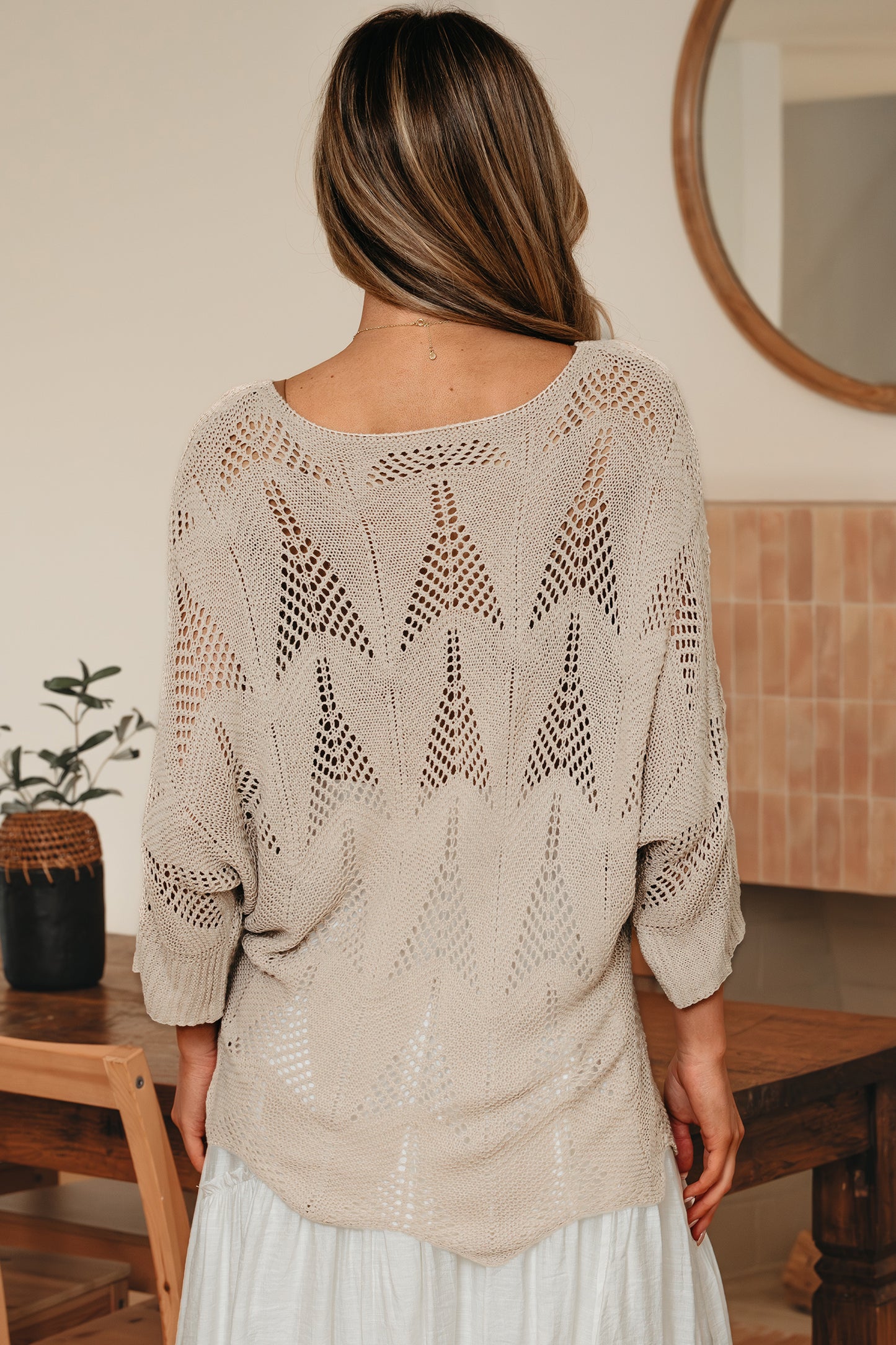Navy Blue Hollow Out Knit 7/8 Sleeve Casual Sweater
