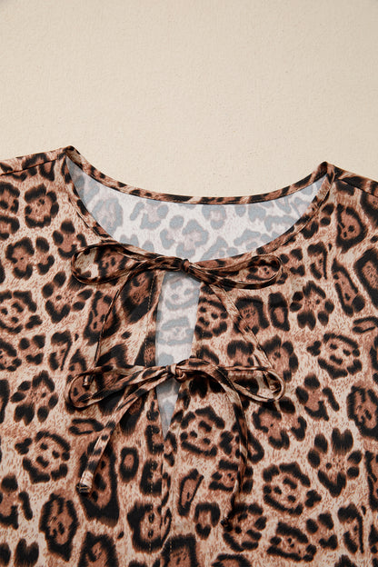 Brown Leopard Bow Tie Puff Sleeve Blouse