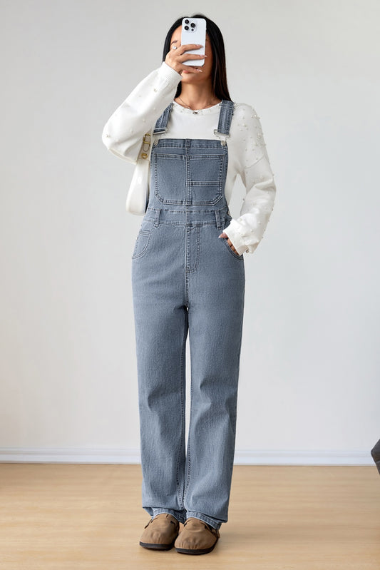 Light Blue Retro Bib Pocket Buckle Straps Casual Denim Jumpsuit