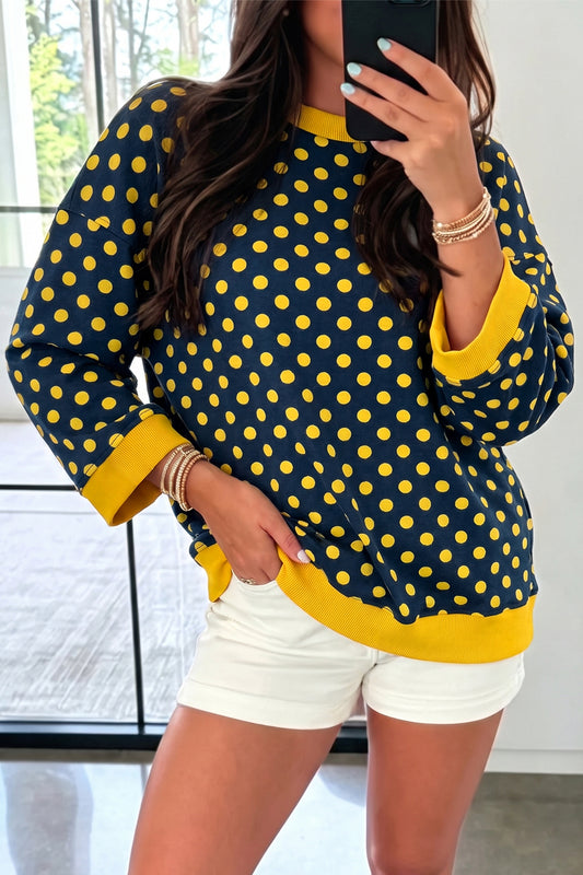 Blue Polka Dot Print Contrast Trim Round Neck Bracelet Sleeve Top