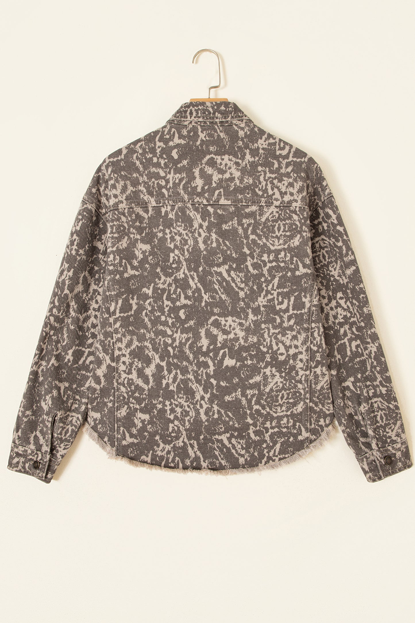 Khaki Abstract Print Long Sleeve Collar Raw Hem Denim Jacket
