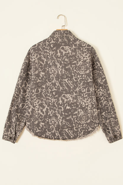 Khaki Abstract Print Long Sleeve Collar Raw Hem Denim Jacket
