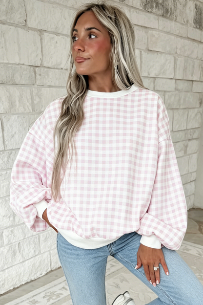 Pink Plaid Round Neck Long Sleeve Sweatshirt