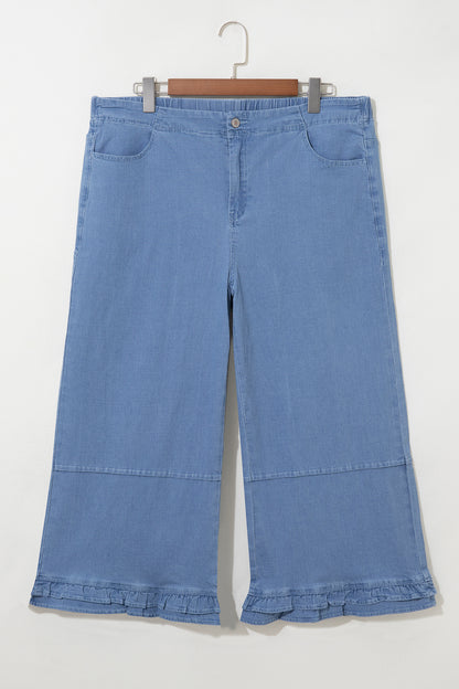 Light Blue Ruffle Hem Wide Leg Full Length Plus Size Jeans