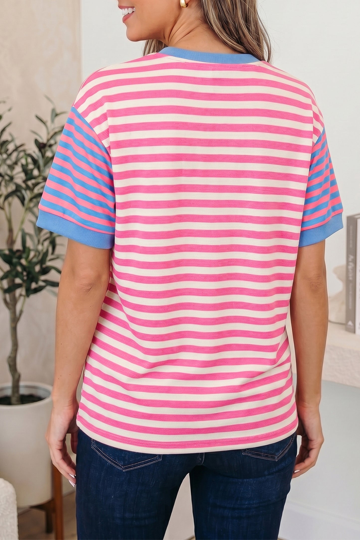 Pink Stripe Contrast Patchwork Short Sleeve Loose Tee