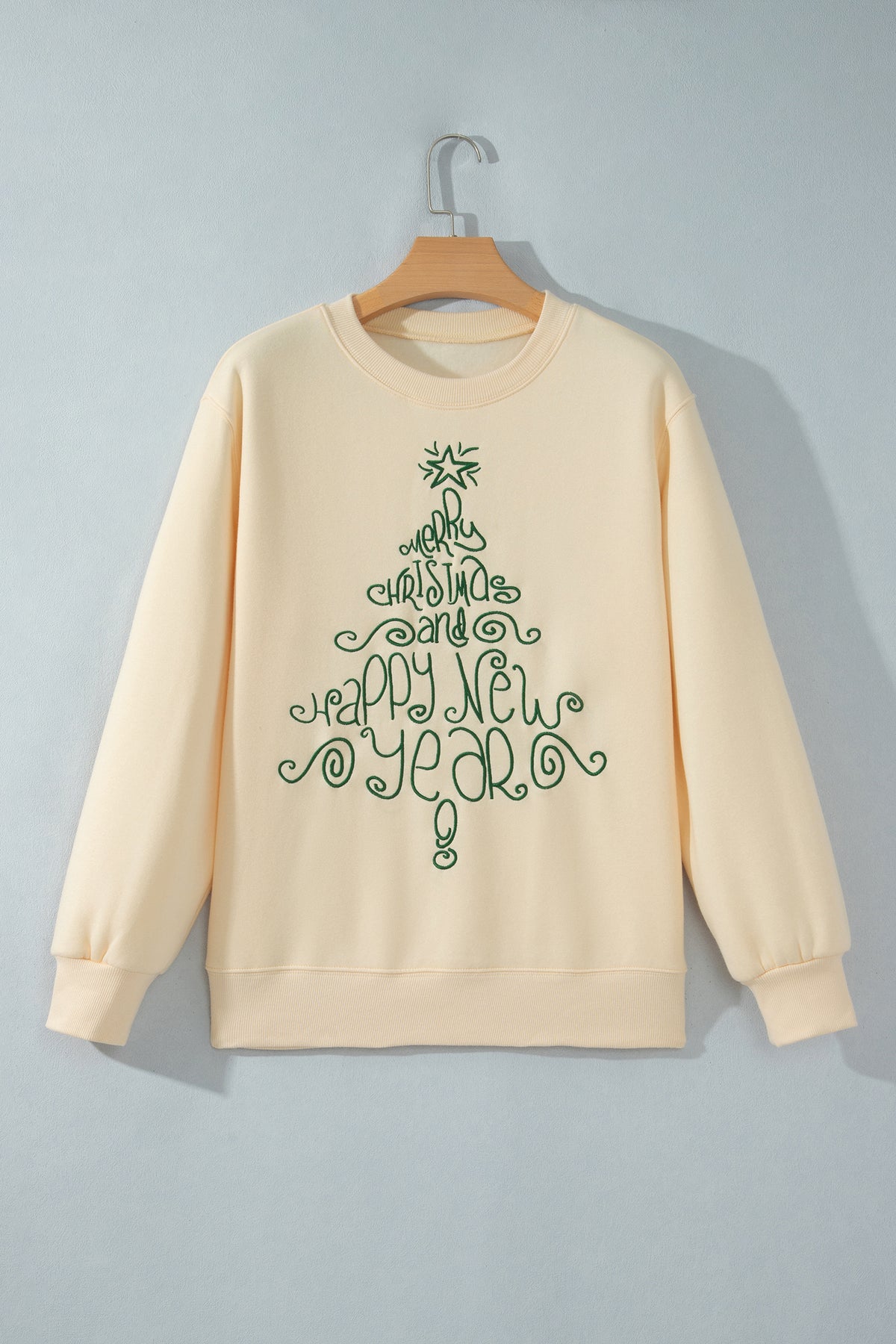 Apricot Merry Christmas and Happy New Year Embroidered Holiday Slogan Sweatshirt