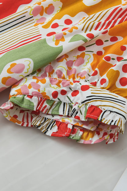 Chemisier à manches courtes et volants à imprimé floral rose