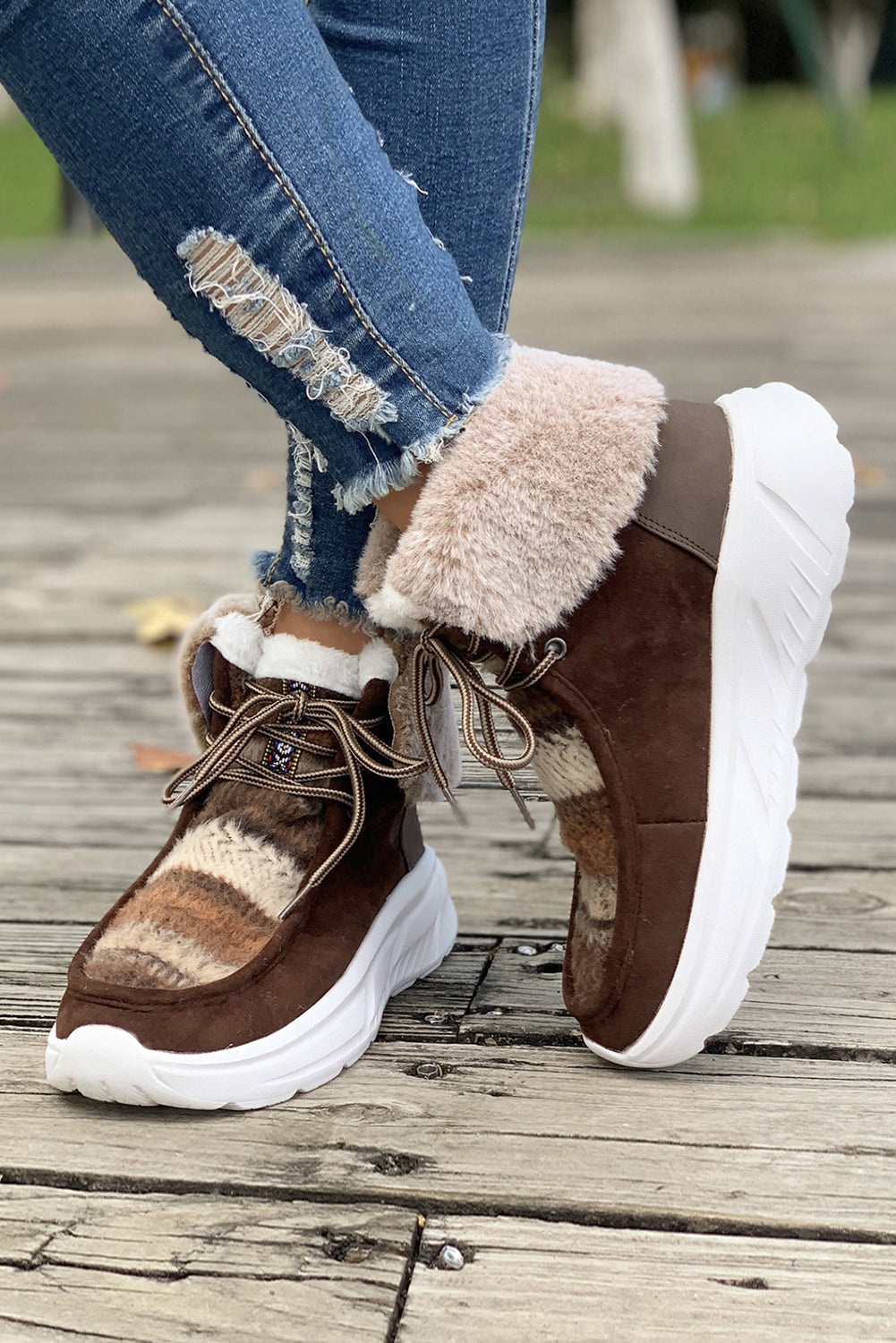 Chestnut Plush Suede Patched Lace Up Ankle Boots