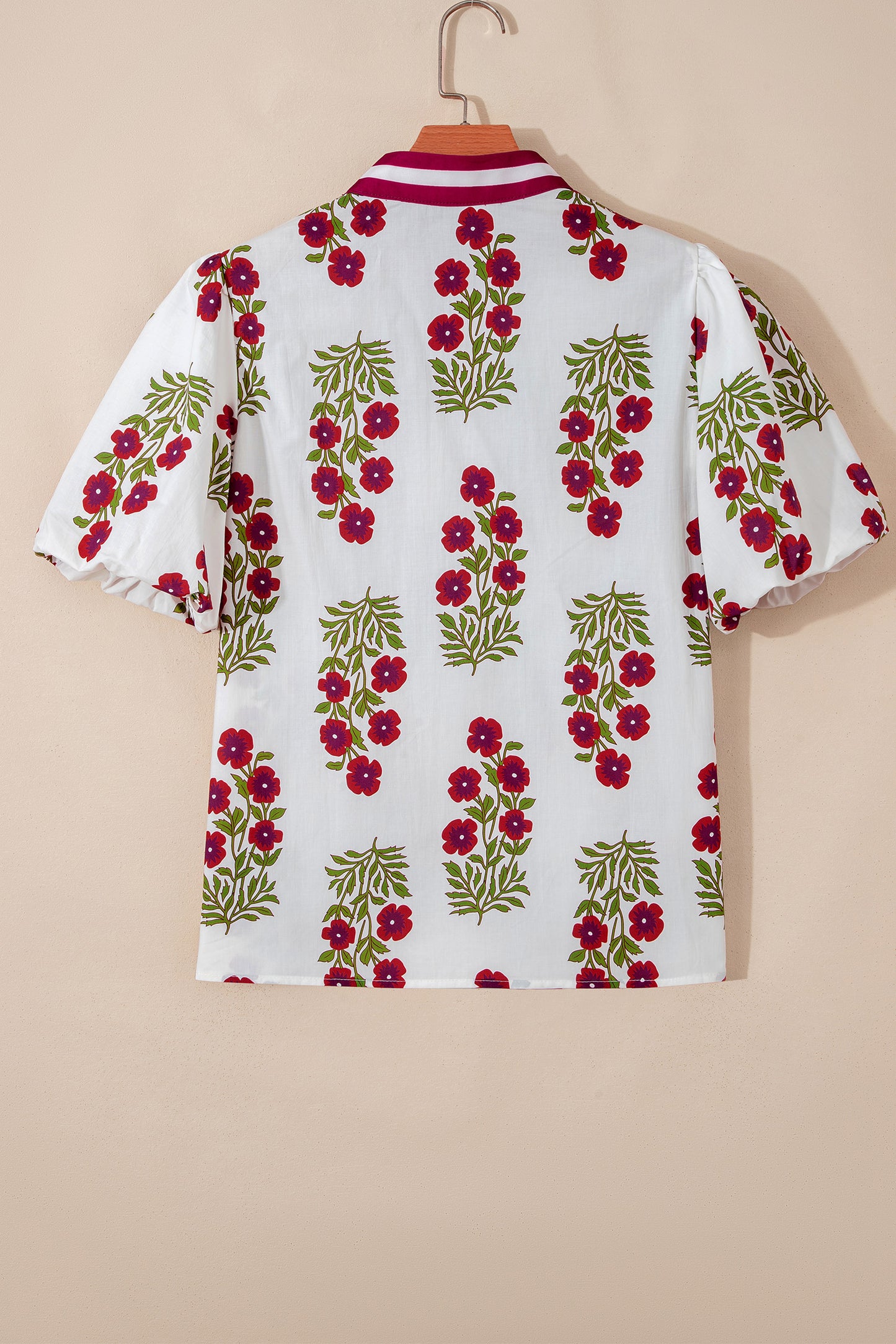 White Floral Short Bubble Sleeve Contrast Slit Neckline Blouse