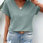 Beau Blue Textured Wide Sleeve V Neck T Shirt