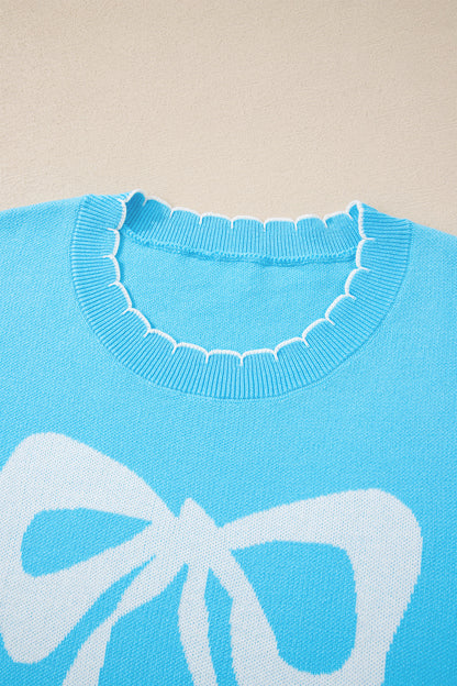 Light Blue Big Ribbon Bow Print Contrast Stitch Trim Drop Shoulder Sweater