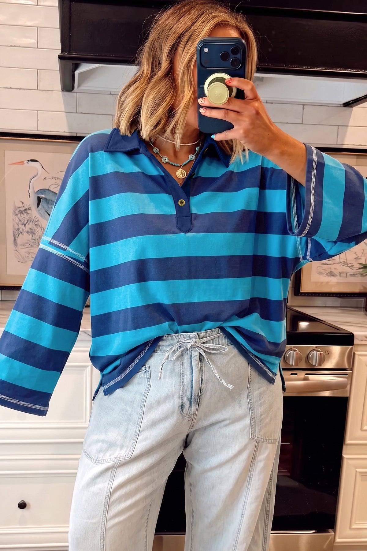 Blue Stripe Contrast Polo Collar Bracelet Sleeve Loose Top