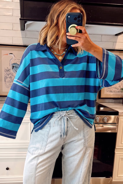 Blue Stripe Contrast Polo Collar Bracelet Sleeve Loose Top