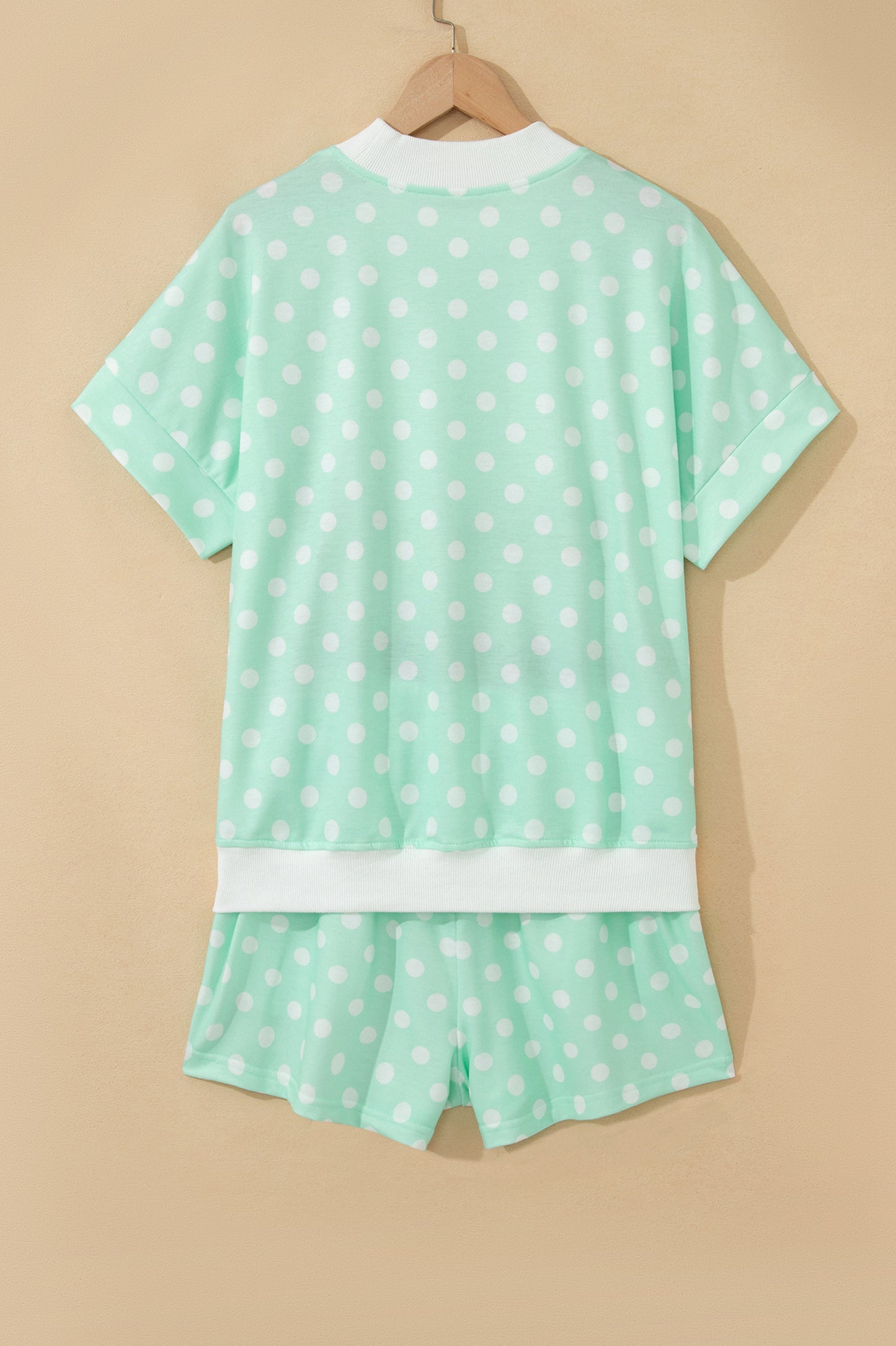 Green Polka Dot Print Color Block Trim Mock Neck Short Set