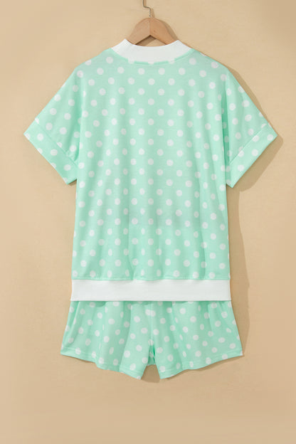 Green Polka Dot Print Color Block Trim Mock Neck Short Set