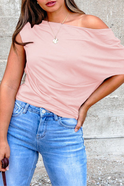 Coffee Plus Size Solid Color Asymmetric Neck Short Sleeve Blouse
