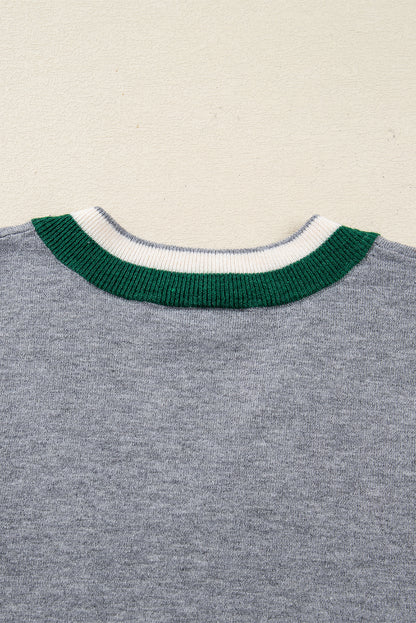 Gray Contrast Striped Trim V Neck Varsity Sweater