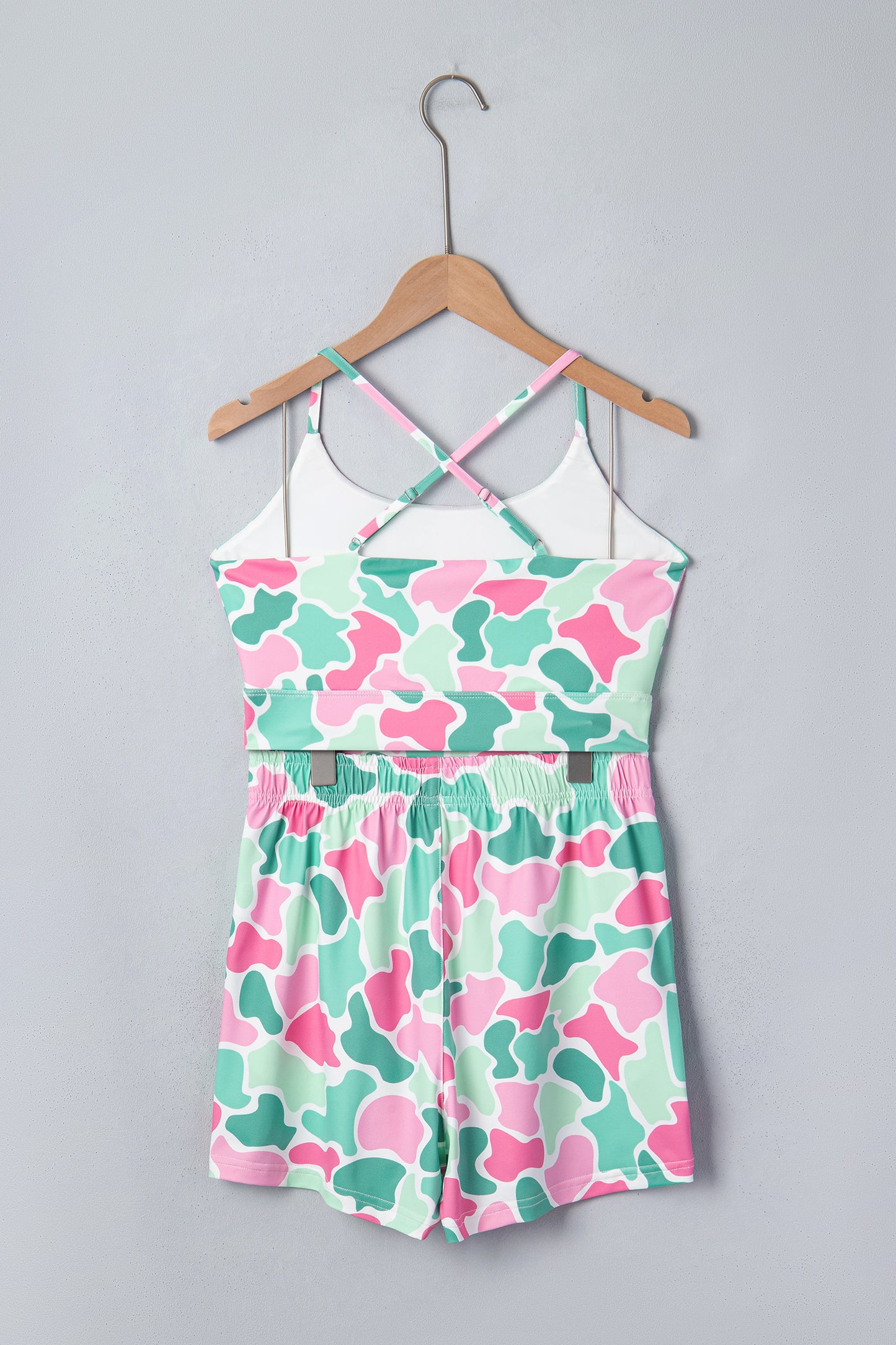 Green Camouflage Printed Cropped Tank Athleisure 2pcs Short Set