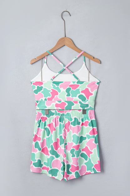 Green Camouflage Printed Cropped Tank Athleisure 2pcs Short Set