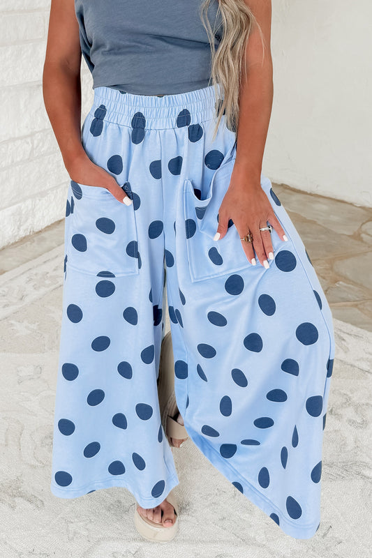 Sky Blue Polka Dot Wide Leg Elastic Waist Casual Pants