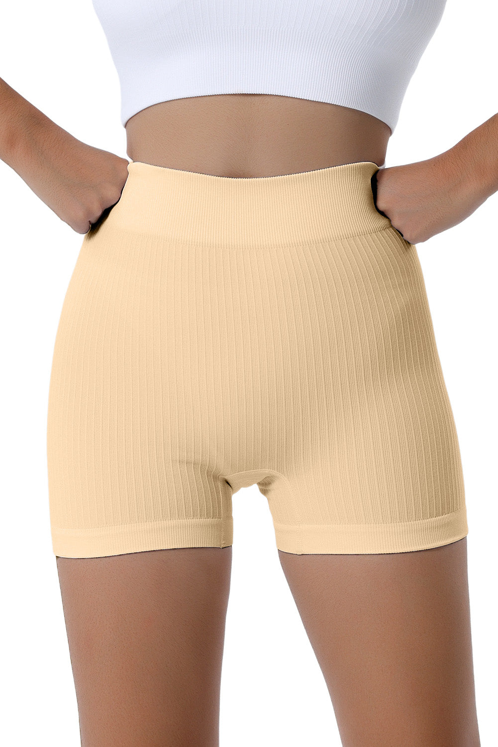 Khaki Textured Butt Lifting High Waist Yoga Shorts