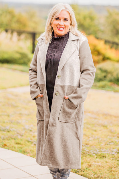 Manteau long kaki grande taille à col à revers et blocs de couleurs 