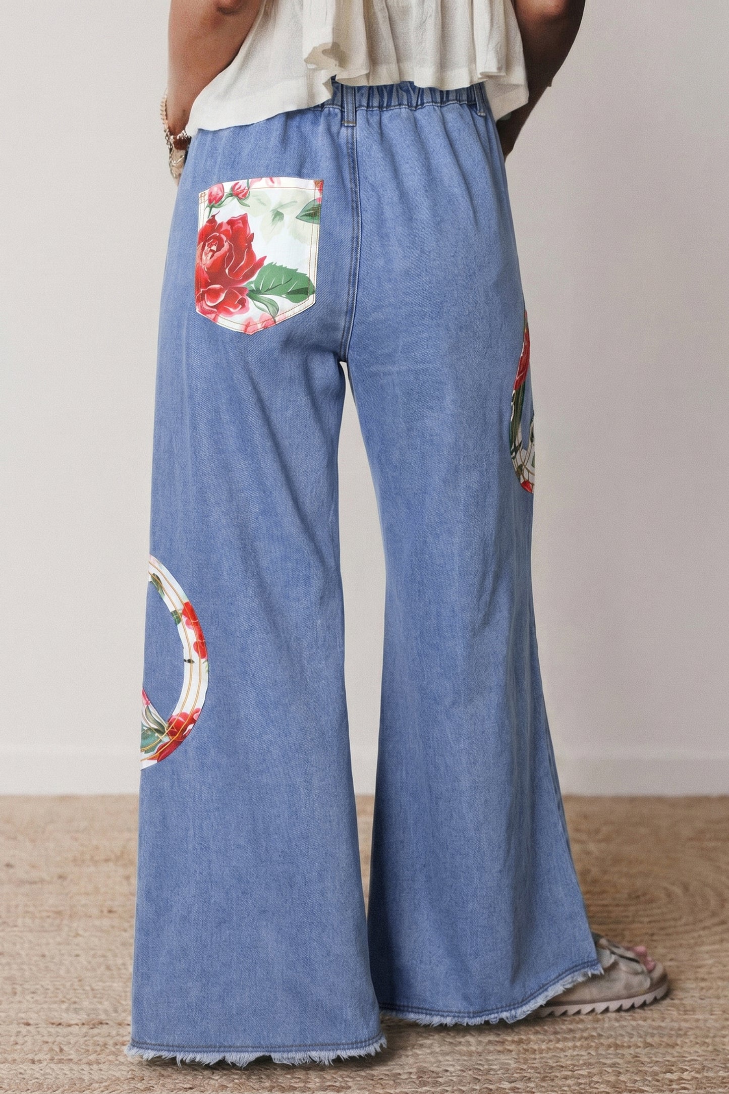Myosotis Floral Peace Sign Embroidered Patch Wide Leg Jeans