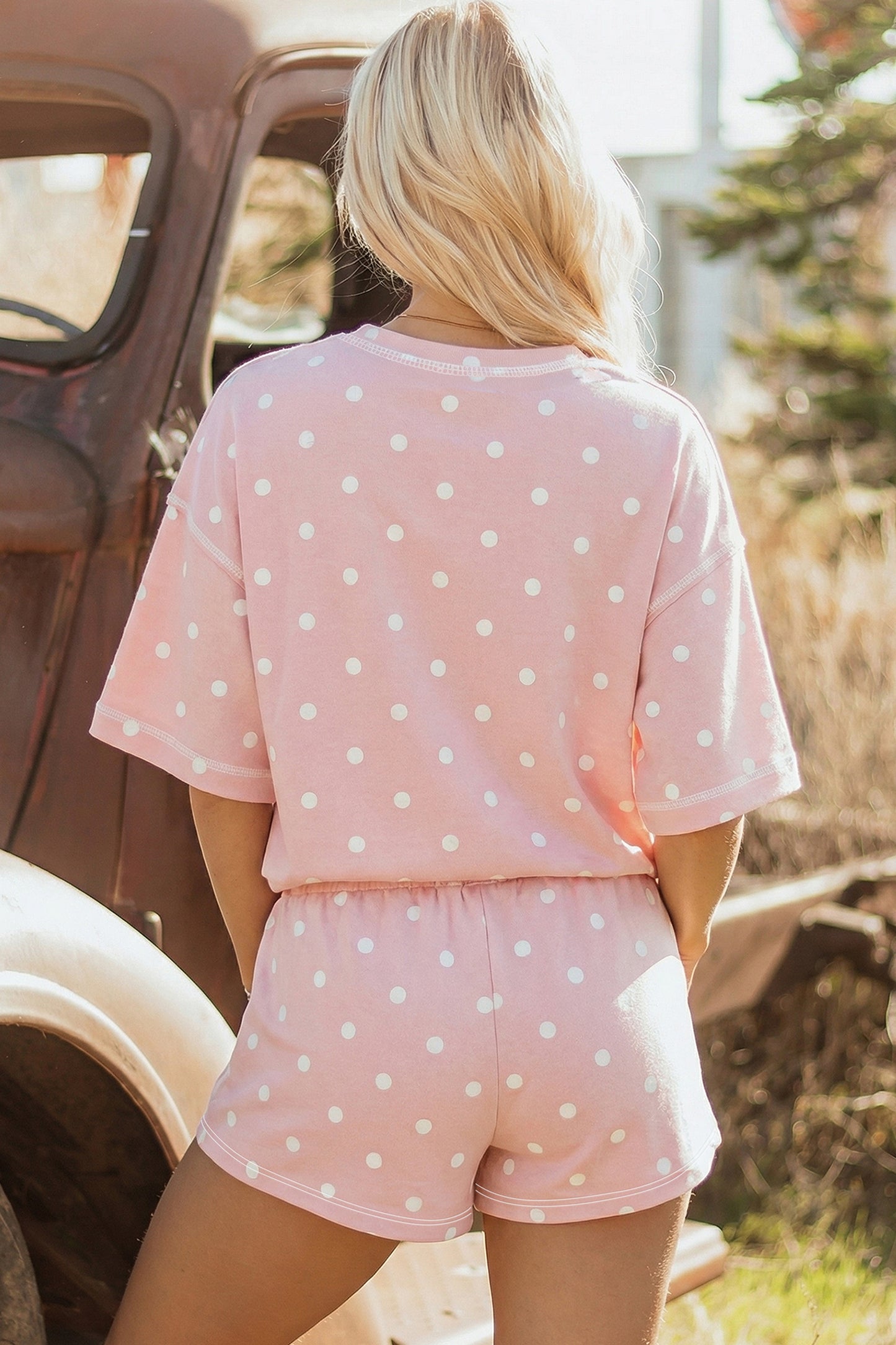 Yellow Polka Dot Short Sleeve Loose Top Drawstring Shorts Set