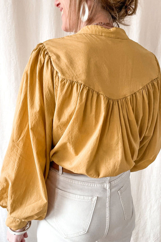 Yellow Puff Sleeve Pleated Loose Shirt