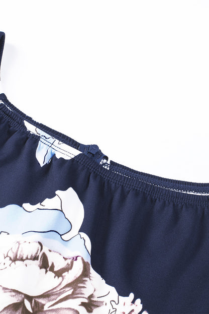 Robe mi-longue moulante fendue à épaules dénudées et imprimé floral bleu foncé