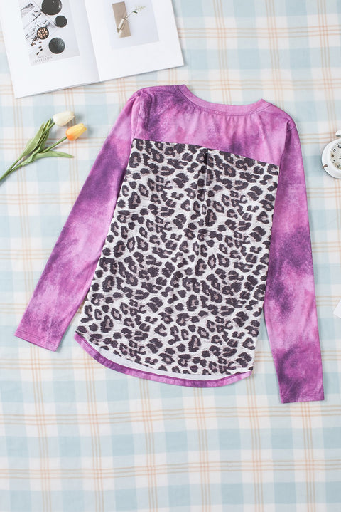 Tie Dye Leopard Patchwork Pocket V Neck Top