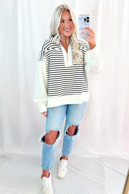 White Stripe Color Block Long Puff Sleeve Metal Zip-Up Collar Top