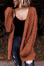 Brown Open Front Woven Texture Knitted Cardigan with Pockets
