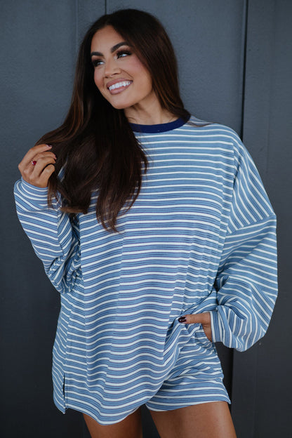Sky Blue Stripe Long Sleeve Oversized Top Pocketed Casual Shorts Two Piece Set