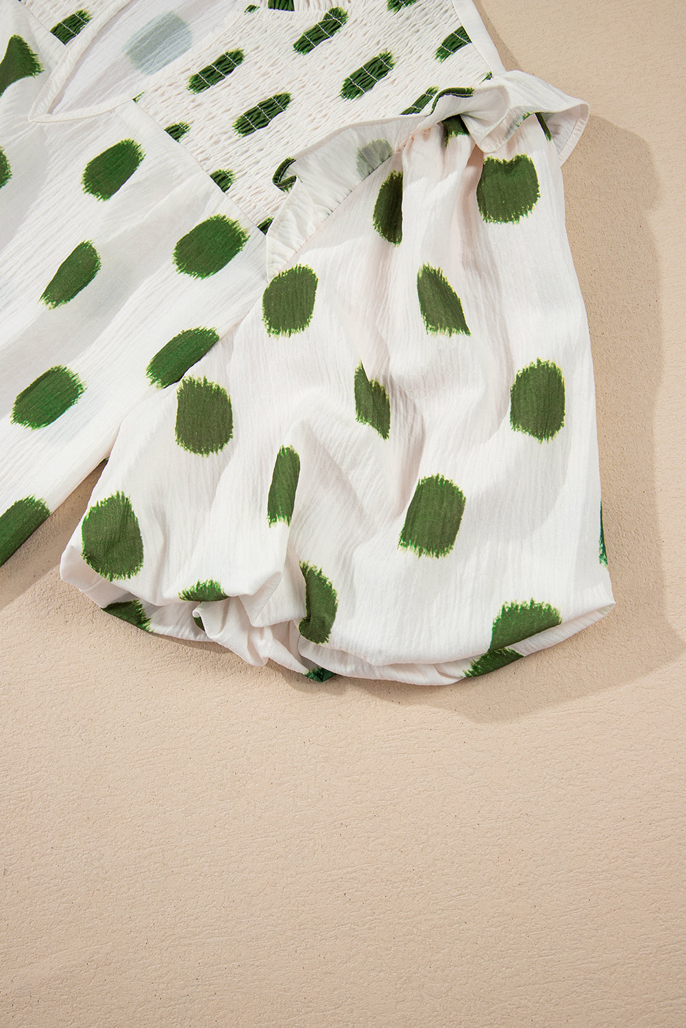 Apricot Polka Dot Print Shirred Yoke Notched Neck Balloon Sleeve Blouse