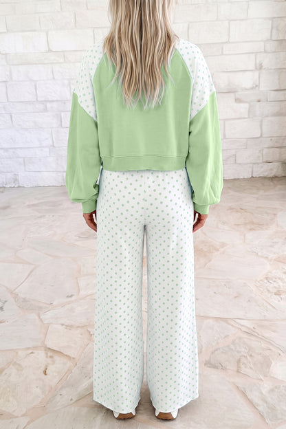 Green Polka Dot Patchwork Colorblock Long Sleeve Casual Two Piece Pants Set
