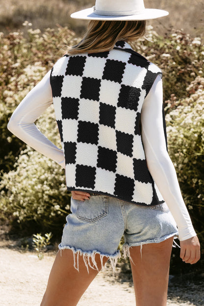 Khaki Checkered Sherpa Collared Jacket Vest