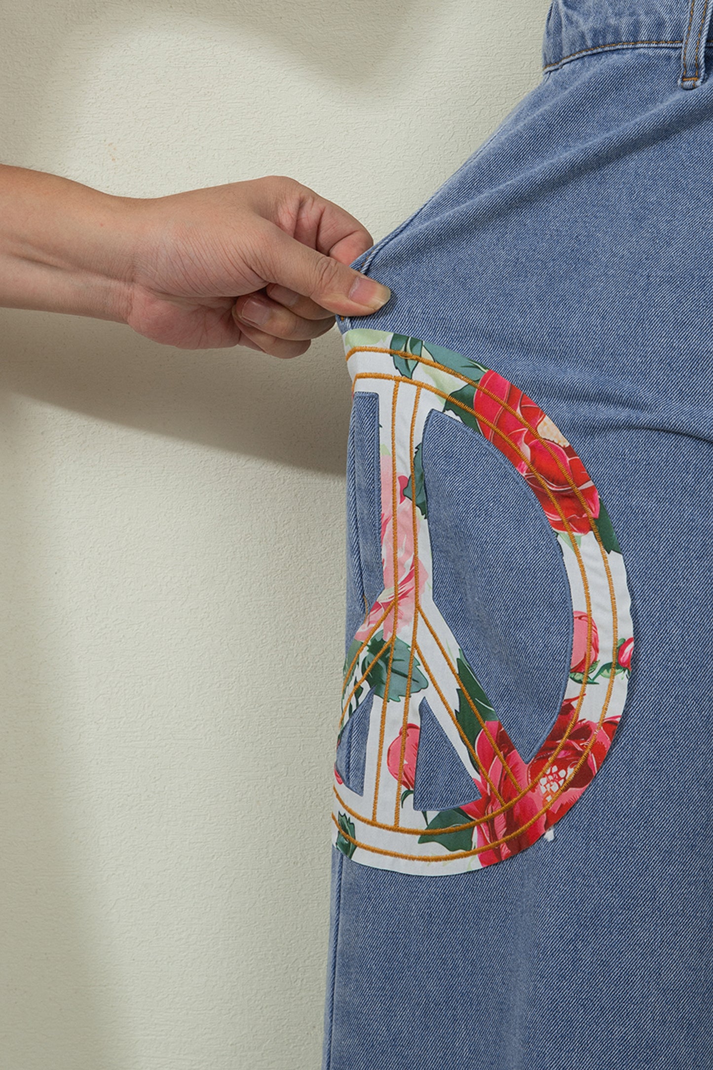 Myosotis Floral Peace Sign Embroidered Patch Wide Leg Jeans