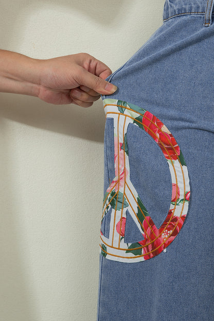 Myosotis Floral Peace Sign Embroidered Patch Wide Leg Jeans