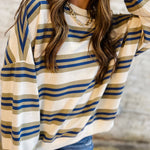 Khaki Stripe Crew Neck Drop Shoulder Pullover Sweatshirt