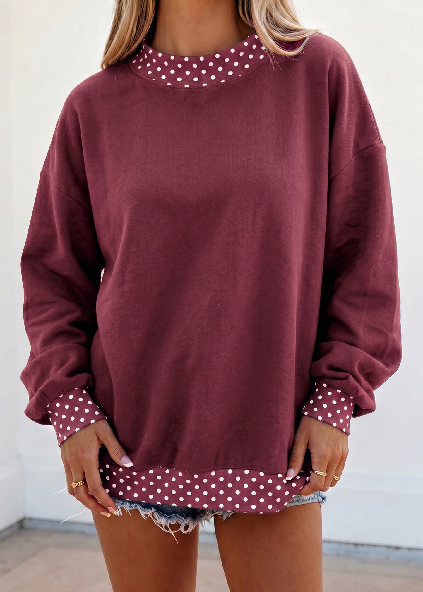 Burgundy Colorblock Polka Dot Contrast Trim Oversized Sweatshirt