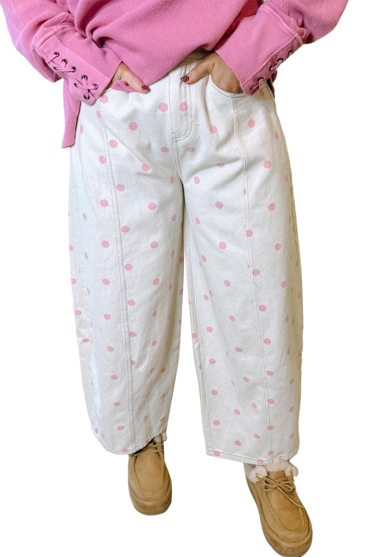 Pink Polka Dot Print Seam Detail Barrel Jeans