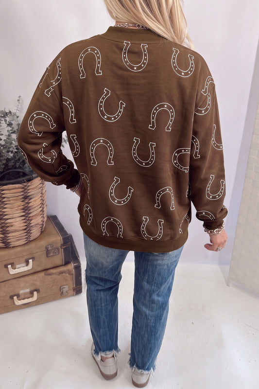 Brown Western Horseshoe Print Mock Neck Casual Pullover Sweatshirt