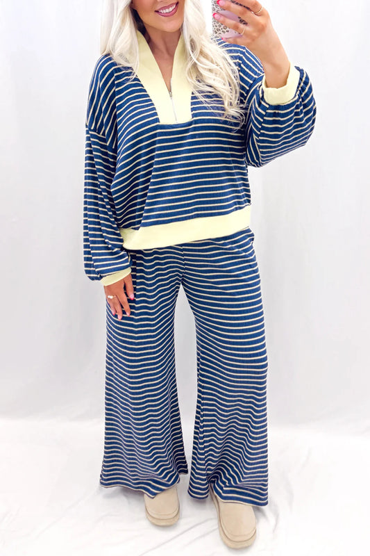 Blue Stripe Color Block Patchwork Zip V Neck Pullover Loose Pants 2pcs Set
