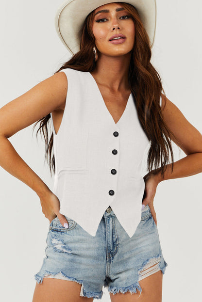Gilet de costume blanc uni à col en V et boutons
