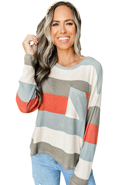 Color Block Ribbed Long Sleeve Top with Pocket