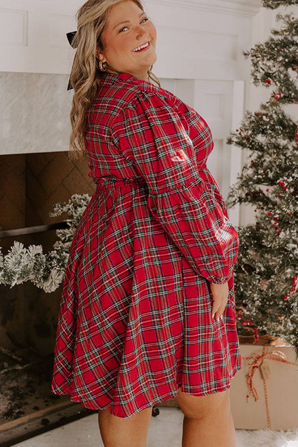 Red Plus Size Plaid Half Button Long Sleeve Holiday Dress Red / 2X / 75%Polyester+25%Cotton